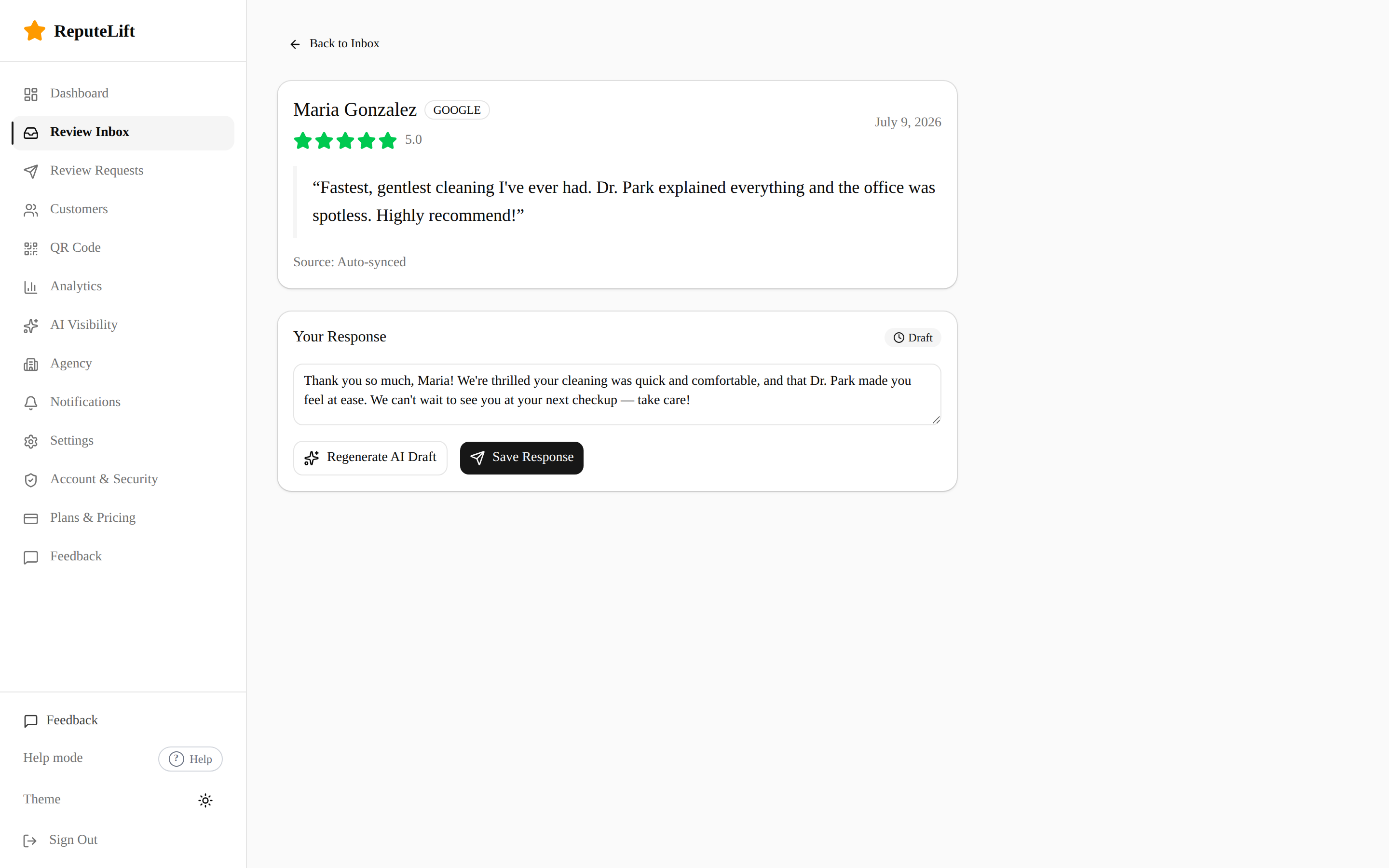 ReputeLift review detail with an AI-drafted response the owner can edit and approve before posting